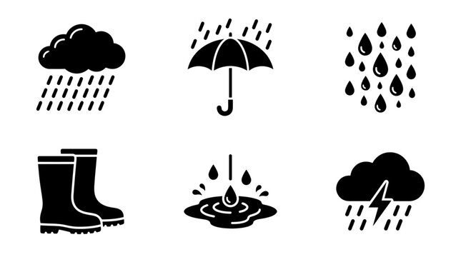 Monsoon season glyph icons silhouette, rain symbols, weather forecast