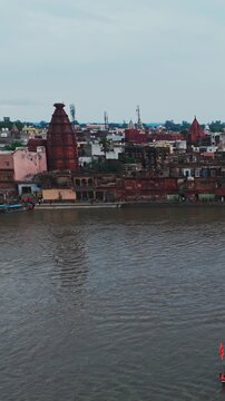 Aerial Drone View of Yamuna River in Vrindavan, Mathura, India