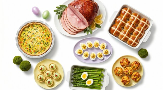 Traditional Easter dinner feast with glazed ham, hot cross buns and quiche. Festive holiday brunch spread with deviled eggs and spring vegetables. isolated PNG with Transparent Background
