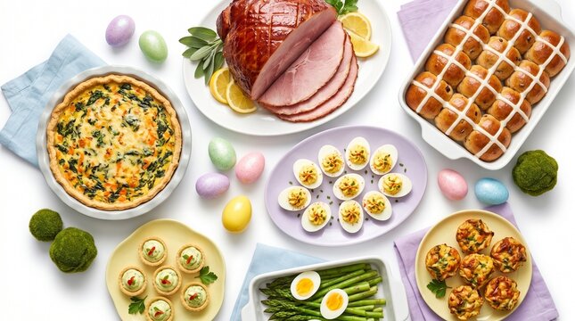 Traditional Easter brunch feast with glazed ham, hot cross buns and deviled eggs, festive holiday dinner table with spring quiche and pastel eggs isolated PNG with Transparent Background