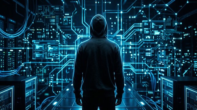 Cybersecurity hacker in hoodie facing digital circuit board, anonymous programmer in data center, futuristic network security concept isolated on White Background