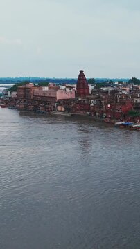 Aerial Drone View of Yamuna River in Vrindavan, Mathura, India