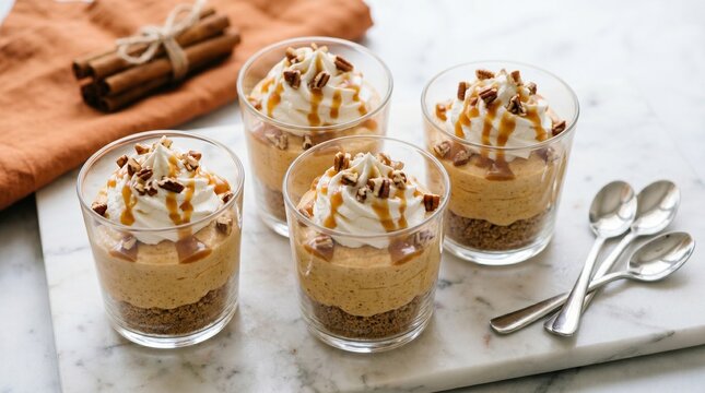 Pumpkin cheesecake mousse parfaits with whipped cream and caramel, autumn dessert cups with pecans and cinnamon, seasonal festive sweet treats isolated PNG with Transparent Background