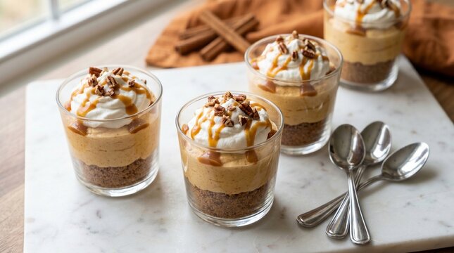 Pumpkin cheesecake mousse parfaits with caramel drizzle, autumn spice dessert cups on marble board, festive thanksgiving pumpkin treats with whipped cream isolated PNG with Transparent Background