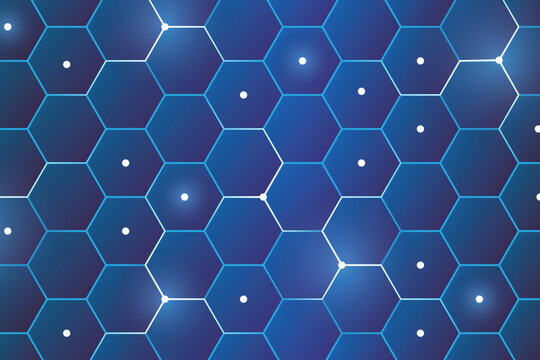 Modern futuristic blue surface hexagon background. Hologram with cyber light trails backdrop. Abstract circuit line technology, High speed transfer data communication, cyber nano information.