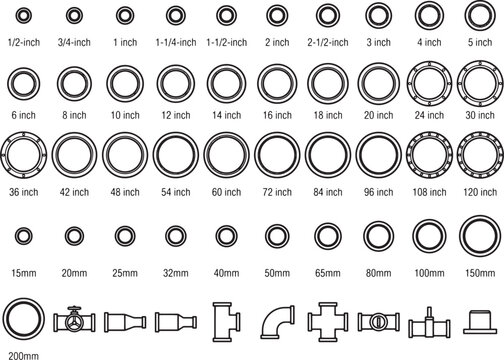 Assortment of industrial piping components, showcasing various sizes of pipe rings, elbows, tees, and couplings, with clear measurement indicators in inches and millimeters.