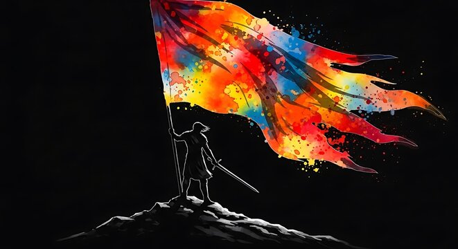 Silhouette of a warrior standing on a mountain peak holding a vibrant watercolor flag
