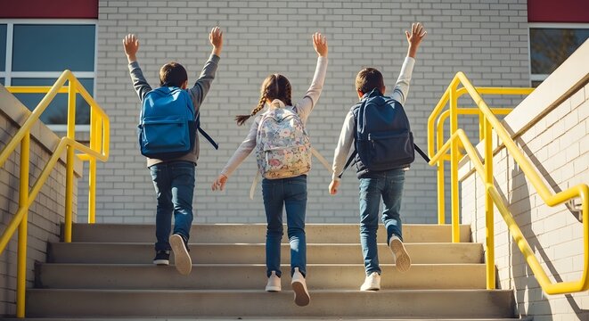 Excited students jumping on school steps after class back view