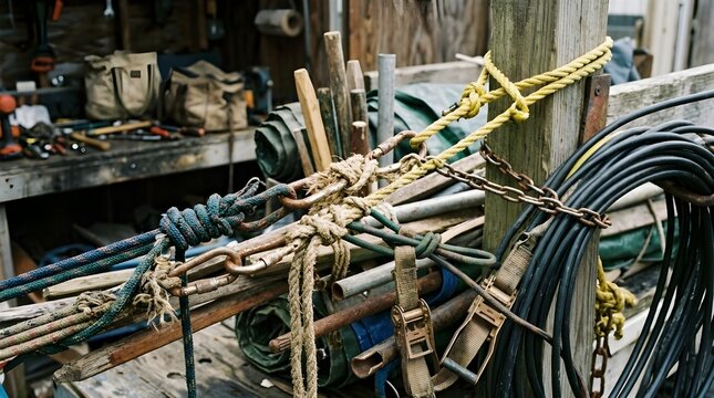 Cluttered workshop storage area with ropes, chains, and tools
