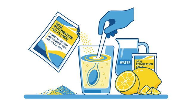 Oral Rehydration Salts (ORS) preparation with water and lemon, hand mixing solution