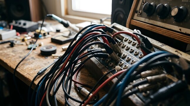 Closeup of a vintage modular synthesizer patch bay with tangled cables