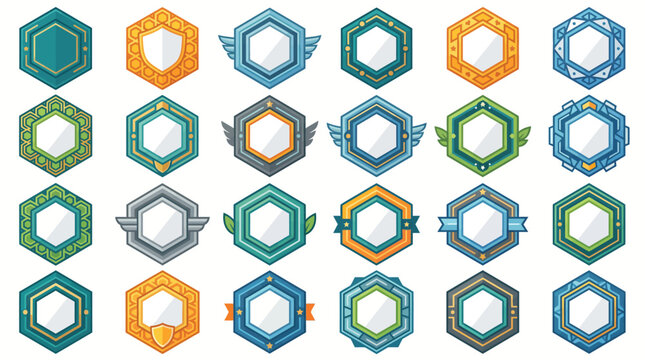 Hexagonal Shield Badge Set with Honeycomb Shapes for Game Achievements and Ranking UI Design