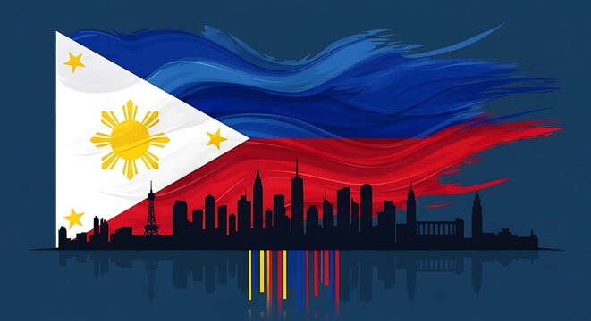 Philippine flag with stylized city skyline silhouette and reflection