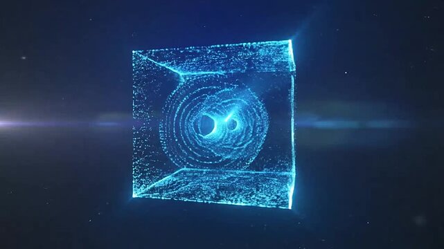 A glowing blue cube made of digital particles in dark space