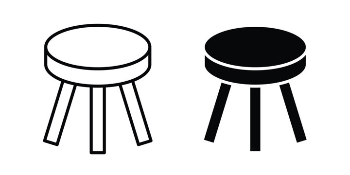 Three legged stool icon graphic element set in black linear and clipatrt.
