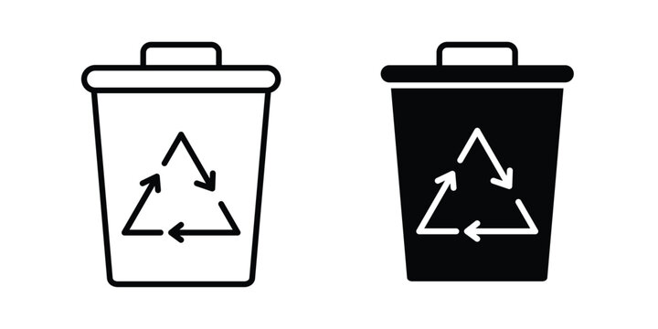 Trash compactor icon graphic element set in black linear and clipatrt.