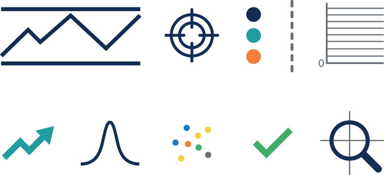 Minimalist Business Infographic and Data Analytics Icon Set with Line Charts Target Scope Scatter Plot Bell Curve and Search Elements Vector