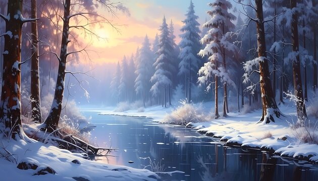 Winter forest river