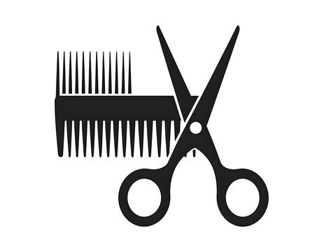 A black icon of scissors and comb on white background