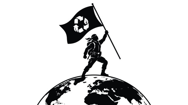 Silhouette of a heroic hiker standing on top of the world globe while holding a large black flag with a prominent white recycling symbol to represent environmental activism and global commitment to su
