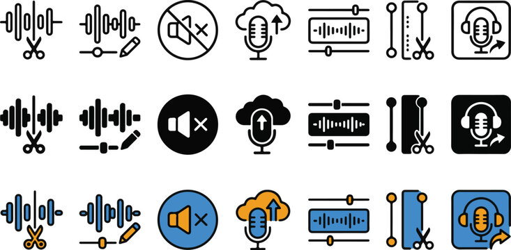 Flat audio editing icons set with microphone and headphones