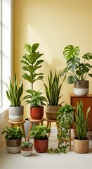 Fototapeta premium Beautiful Houseplant Arrangement Displayed Against a Soft Yellow Wall with Natural Light