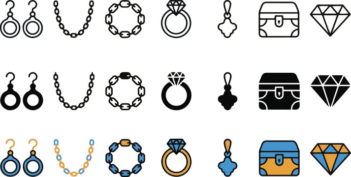 Flat design jewelry and accessory icons set in three styles