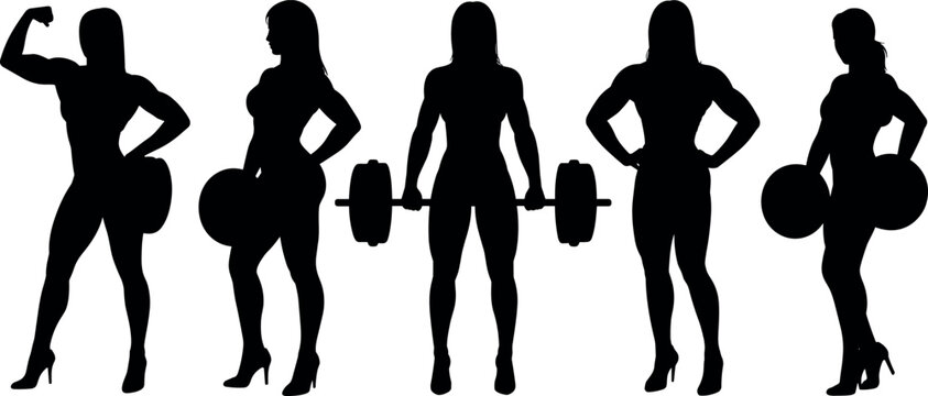 Black silhouette of strong female bodybuilders posing with barbells weightlifting powerlifting fitness training athletic women workout collection vector illustration