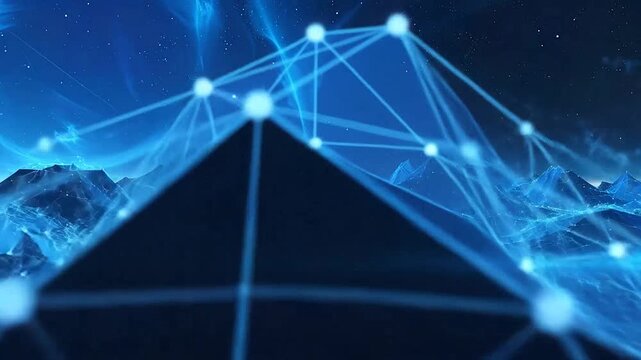 A digital landscape featuring glowing blue geometric mountain peaks