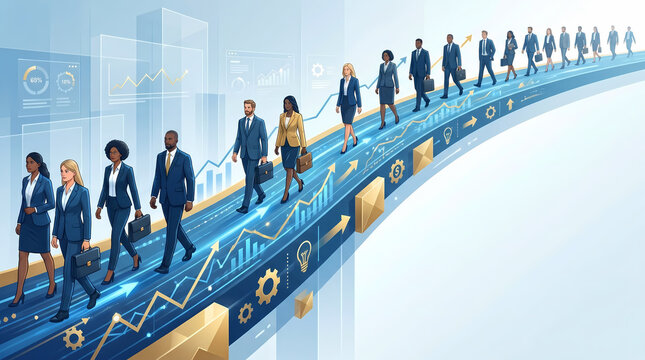 diverse professionals walking along a glowing upward pathway made of abstract data lines and geometric shapes