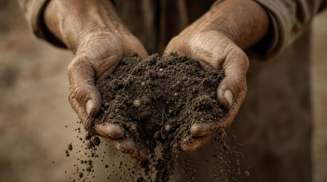 Closeup of hands holding rich fertile soil for planting.