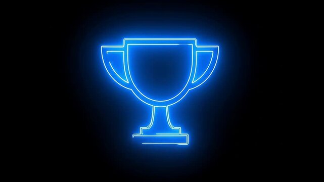 A glowing blue neon trophy icon isolated on a black background