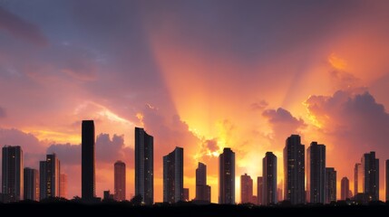 Obraz premium Stunning Urban Skyline at Sunset with Dramatic Clouds and Vibrant Colors Illuminating Skyscrapers, Urban Landscape Photography