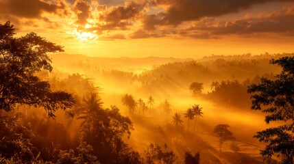 Fototapeta premium Majestic Sunrise Over Lush Tropical Landscape with Golden Hues and Rising Mist in a Serene and Tranquil Setting of Nature's Beauty