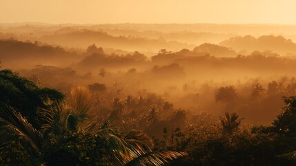 Obraz premium Tranquil Misty Morning Landscape Overlooking Lush Greenery and Rolling Hills During Golden Hour in a Tropical Paradise