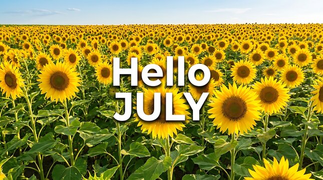 Vast field of blooming sunflowers under bright blue sky, hello july text overlay greeting summer season with vibrant yellow flowers in full bloom.