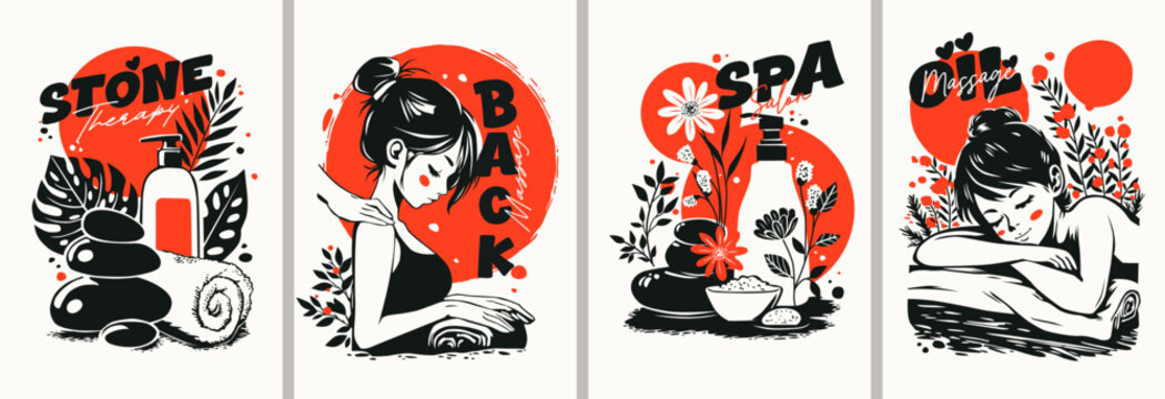 Designer posters in vintage style. Retro pop art on the theme of spa, massage, self-love and wellness