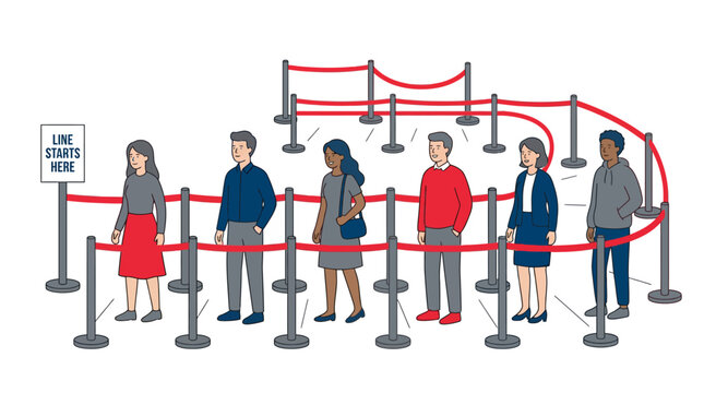 Diverse people queuing in a line with red velvet ropes, illustration