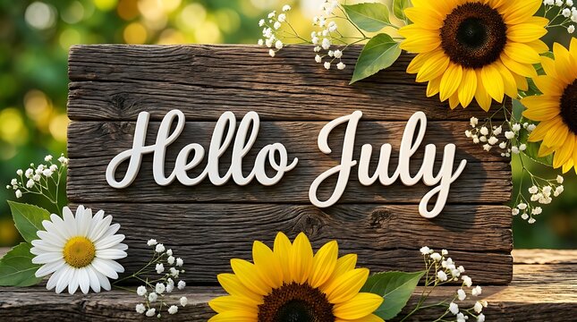 Hello july text on weathered wood sign with sunflowers and daisies decorated on rustic table with blurred garden background summer season greeting.