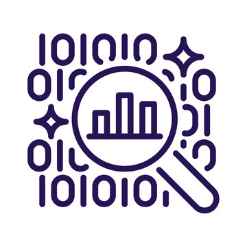 Data analytics icon with binary code graph and abstract elements isolated on transparent background