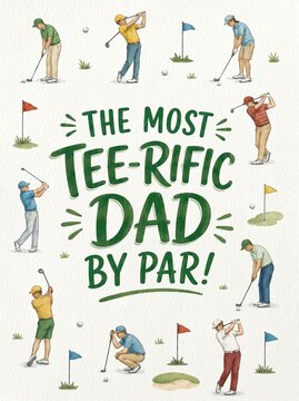 Golf fathers day greeting card design. Hand drawn watercolor illustration of male golfers with course flags. Funny pun quote text for dad.