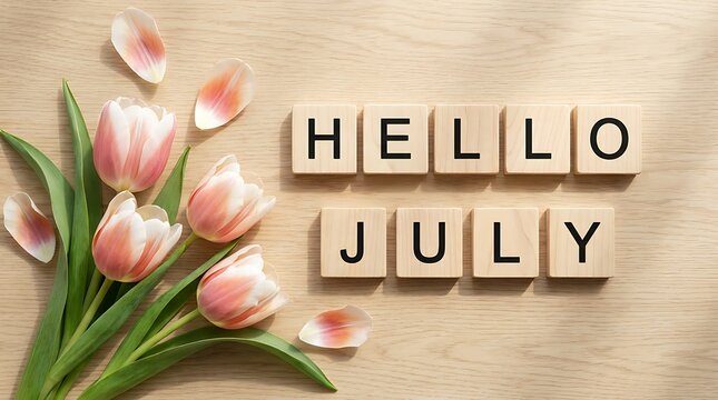 Hello july text on scrabble tiles, bunch of pink tulips, light wooden table, spring flowers, beautiful greeting.