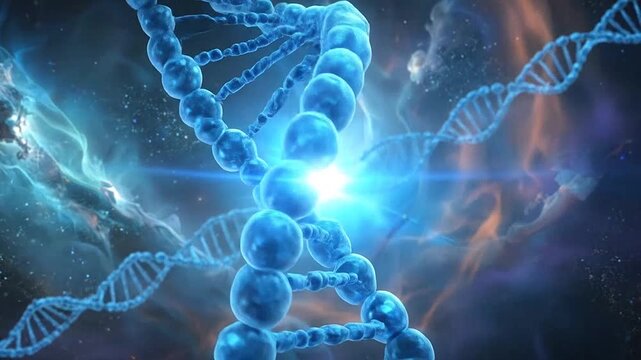 A glowing blue double helix structure floats in deep space