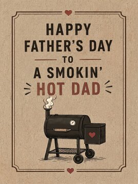 Funny bbq fathers day greeting card template. Vintage illustration of a charcoal meat smoker grill with a pun quote for dad. Kraft paper background.