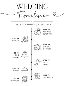 Minimalist wedding timeline template design. Simple black typography layout with cute line art event icons for schedule of proceedings on white background.