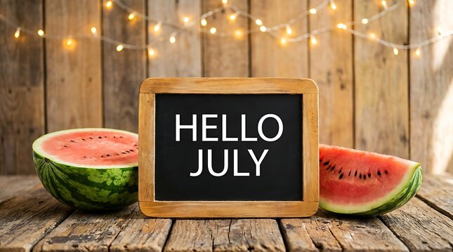 Hello july chalkboard sign with watermelon on wooden table with bokeh lights, summer celebration concept, welcome summer greeting.