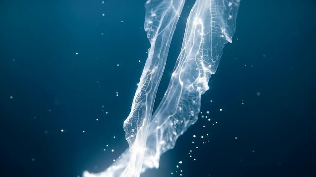 Abstract 3D animation of a glowing ethereal jellyfish-like structure swimming in deep blue water
