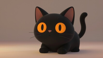 Fototapeta premium Charming Black Cat Illustration: An adorable, stylized black cat with big, glowing orange eyes and a bushy tail is rendered in a cute, cartoonish style.