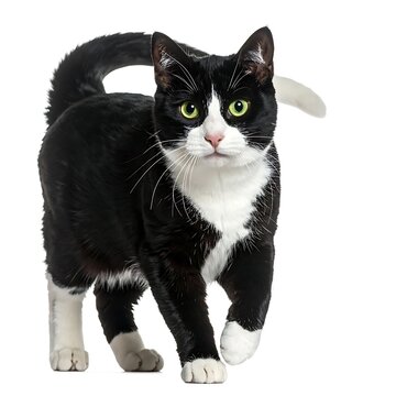 A black and white cat with green eyes walking