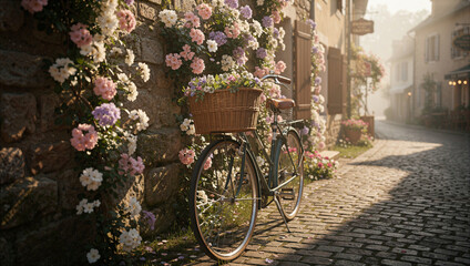 Fototapeta premium Vintage bicycle with flower basket parked on a sunny cobblestone street in a quaint European village